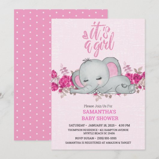 Cute Girls Baby Elephant Slaping Floral Pink Kaart (Voorkant / Achterkant)