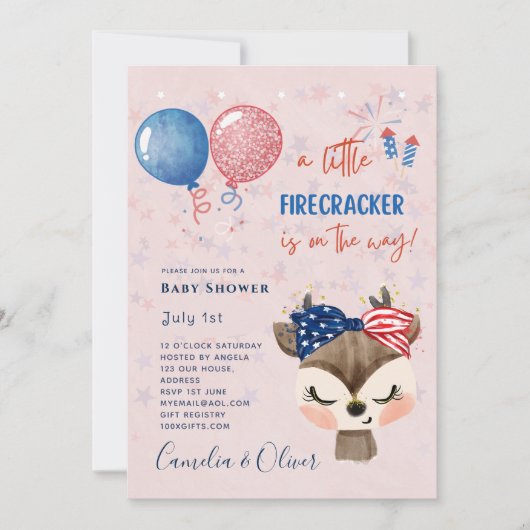 Cute Girls Baby Shower US Little Firecracker Deer  Kaart (Voorkant)