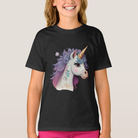 Cute Girls Black Elegant Paars Magical Unicorn T-shirt (Voorkant)