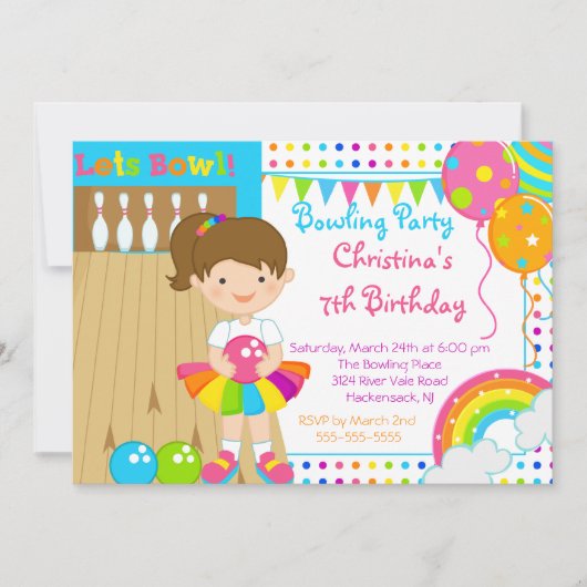 Cute Girls Bowling Birthday Party Invitation Kaart (Voorkant)