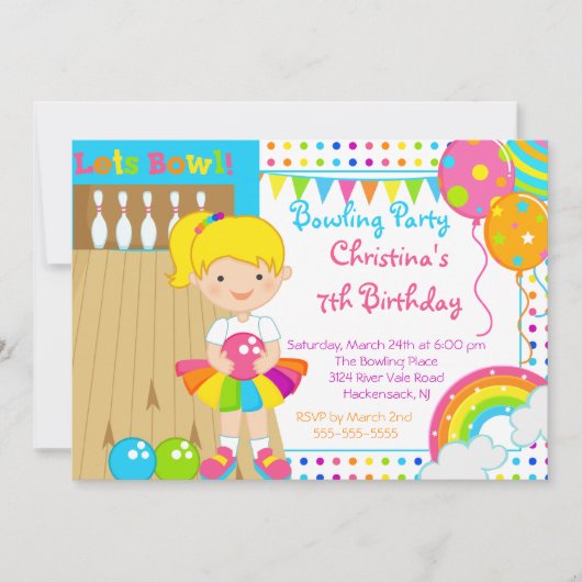 Cute Girls Bowling Birthday Party Invitation Kaart (Voorkant)