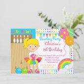 Cute Girls Bowling Birthday Party Invitation Kaart (Staand voorkant)