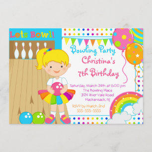Cute Girls Bowling Birthday Party Invitation Kaart