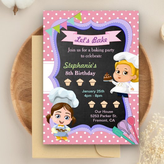 Cute Girls Chef Baking Birthday Party Invitation Kaart