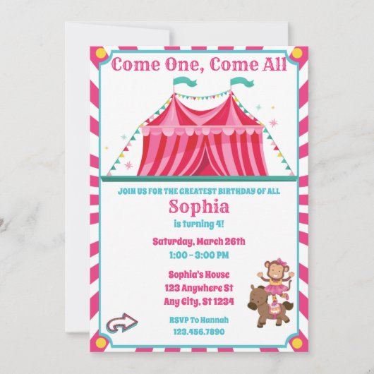 Cute Girl's Circus Carnival Birthday Invitation Kaart (Voorkant)