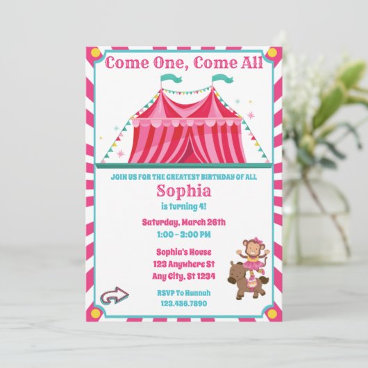 Cute Girl's Circus Carnival Birthday Invitation Kaart (Staand voorkant)