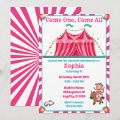 Cute Girl's Circus Carnival Birthday Invitation Kaart (Voorkant / Achterkant)