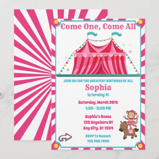 Cute Girl's Circus Carnival Birthday Invitation Kaart (Voorkant / Achterkant)