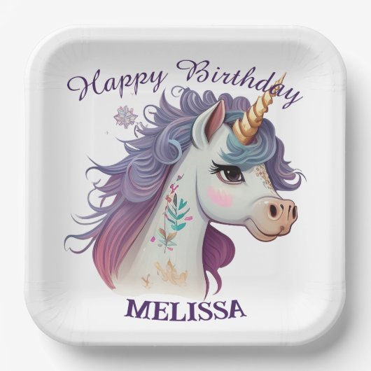 Cute Girls Elegant Paars Magical Unicorn Birthday Papieren Bordje (Voorkant)