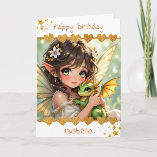 Cute Girl's Fairy and Dragon Themed Birthday Kaart (Voorkant)