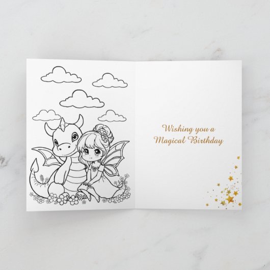 Cute Girl's Fairy and Dragon Themed Birthday Kaart (Binnen)