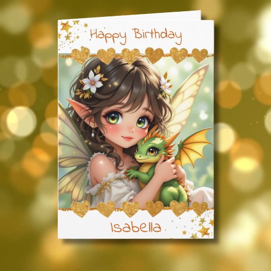 Cute Girl's Fairy and Dragon Themed Birthday Kaart