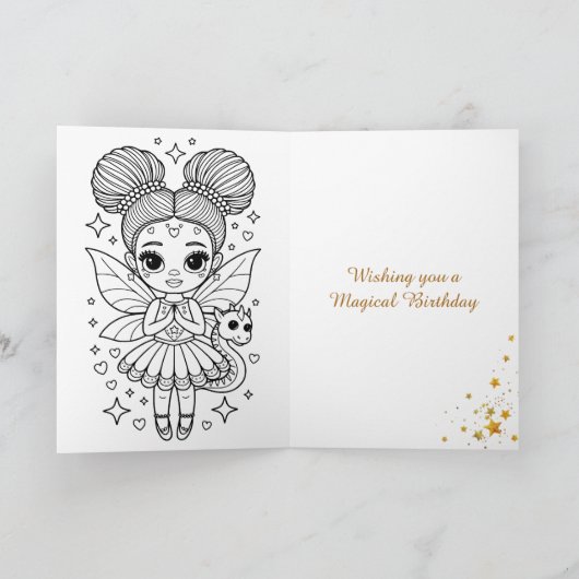 Cute Girl's Fairy and Dragon Themed Birthday Kaart (Binnen)