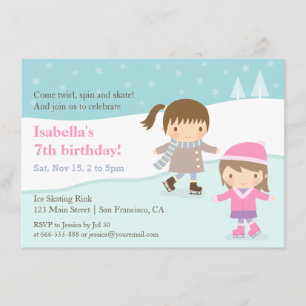 Cute Girls Ice Skating Birthday Party Invitations Kaart