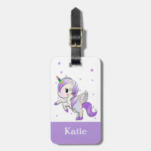 Cute Girls Paarse Cartoon Unicorn Pegasus Bagagelabel