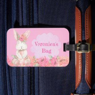 Cute Girls Pink Bunny Floral Kinder Vacation Bagagelabel
