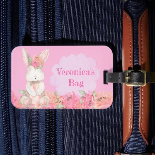 Cute Girls Pink Bunny Floral Kinder Vacation Bagagelabel (Voorkant Insitu 4)
