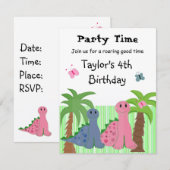 Cute Girls Pink Dinosaur Birthday Uitnodiging (Voorkant / Achterkant)