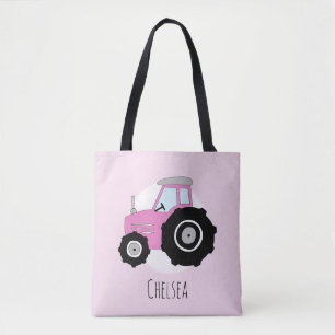 Cute Girl's Pink Farmer's Tractor met naam Tote Bag