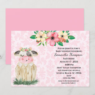 Cute Girls Pink Floral Koe Baby shower Uitnodiging