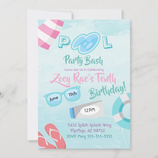 Cute Girls Pool Party Basal Birthday Invitation Kaart (Voorkant)