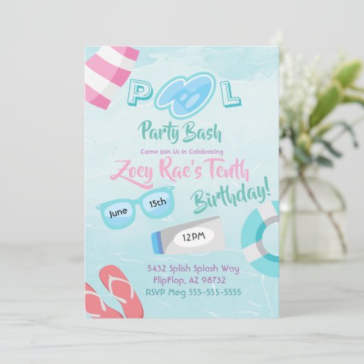 Cute Girls Pool Party Basal Birthday Invitation Kaart (Staand voorkant)