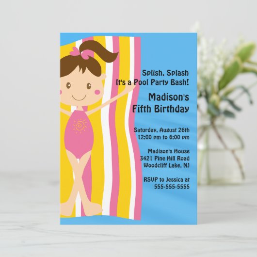 CUTE Girls Pool Party Birthday Invitation Kaart (Staand voorkant)