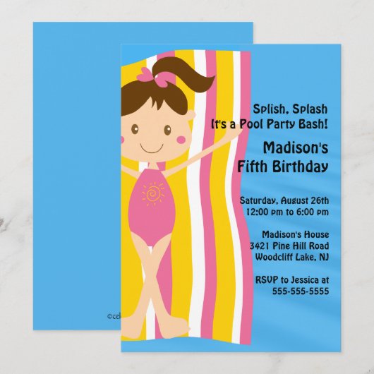 CUTE Girls Pool Party Birthday Invitation Kaart (Voorkant / Achterkant)