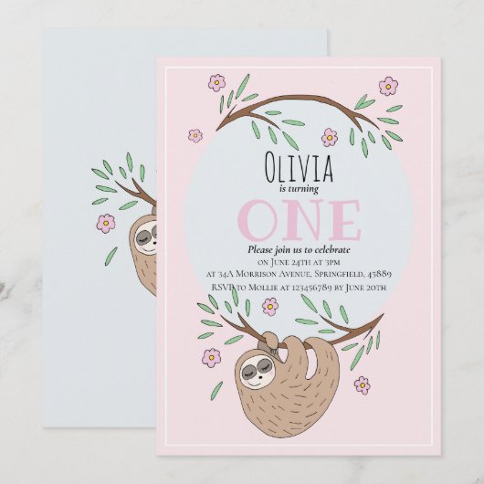 Cute Girls Slapende Sloth Name 1st Birthday Kaart (Voorkant / Achterkant)