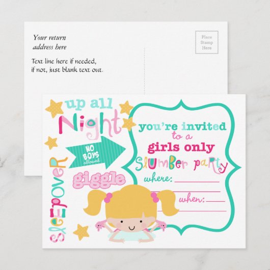 Cute Girls Sleepover Party Invitation Uitnodiging Briefkaart (Voorkant / Achterkant)