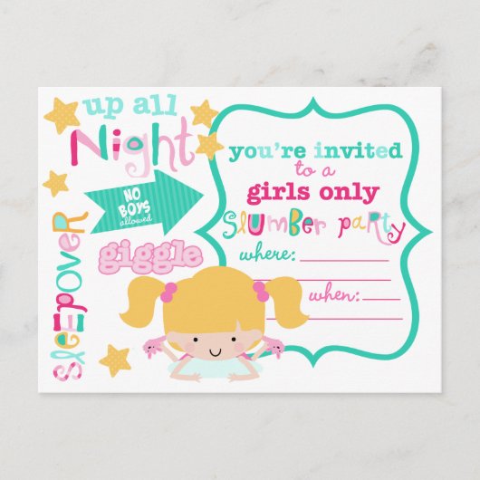 Cute Girls Sleepover Party Invitation Uitnodiging Briefkaart (Voorkant)