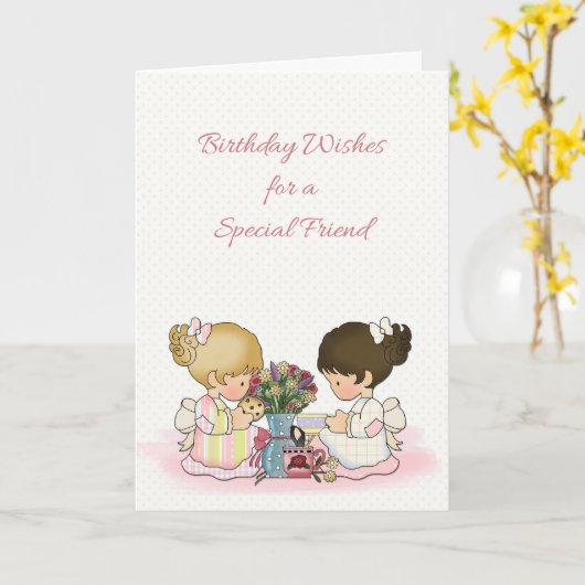 Cute Girls Tea Party, geboortedag voor vriend Kaart (Gele Bloem)