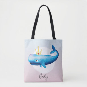 Cute Girl's Waterverf Princess Whale met naam Tote Bag