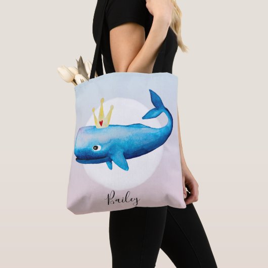 Cute Girl's Waterverf Princess Whale met naam Tote Bag (Dichtbij)