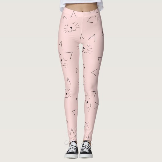 Cute Girly Black Kitty Cat Face Pink Patroon Leggings (Voorkant)
