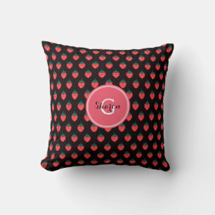 Cute girly black pink strawberry patterns monogram kussen