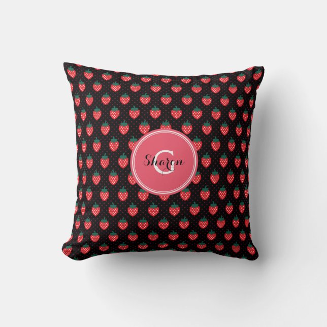 Cute girly black pink strawberry patterns monogram kussen (Voorkant)