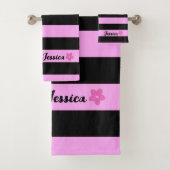 Cute Girly Black & Pink Stripes Frangipani Custom Bad Handdoek (Insitu)
