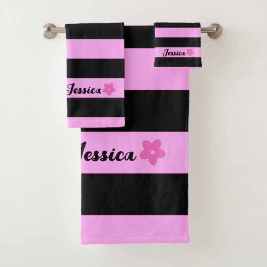 Cute Girly Black & Pink Stripes Frangipani Custom Bad Handdoek (Insitu)