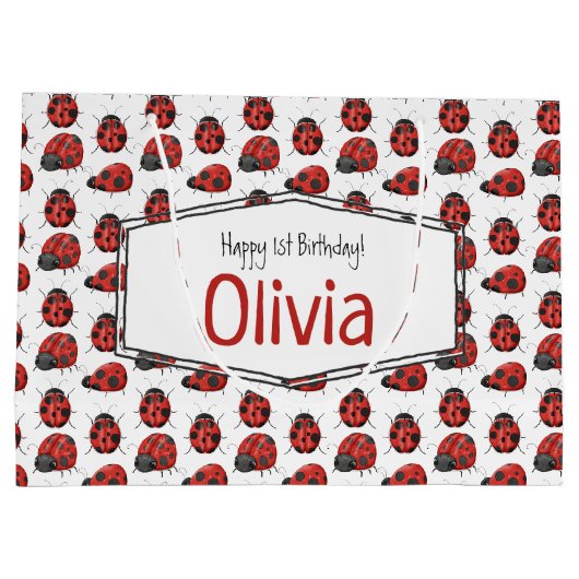 Cute Girly Black Red Waterverf Ladybug Pattern Groot Cadeauzakje (Achterkant)