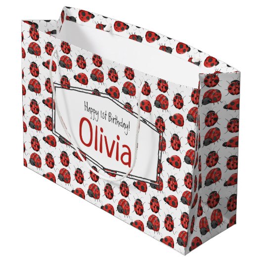 Cute Girly Black Red Waterverf Ladybug Pattern Groot Cadeauzakje (Achterkant Gekanteld)