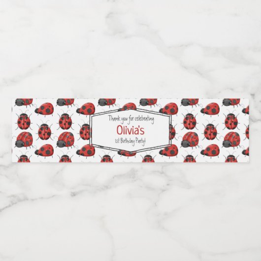 Cute Girly Black Red Waterverf Ladybug Pattern Waterfles Etiket (Enkel label)