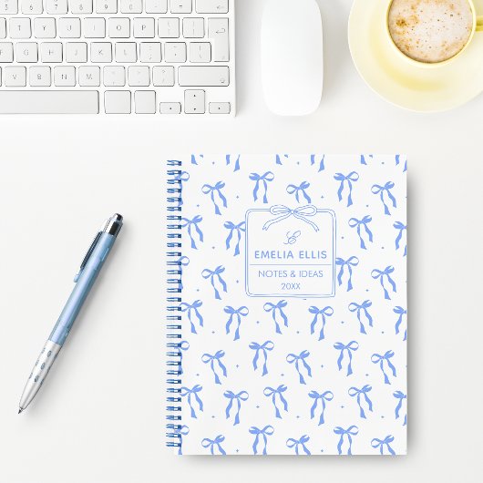 Cute Girly Blue and White Coquette Bows Monogram Notitieboek