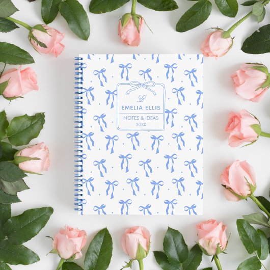 Cute Girly Blue and White Coquette Bows Monogram Notitieboek