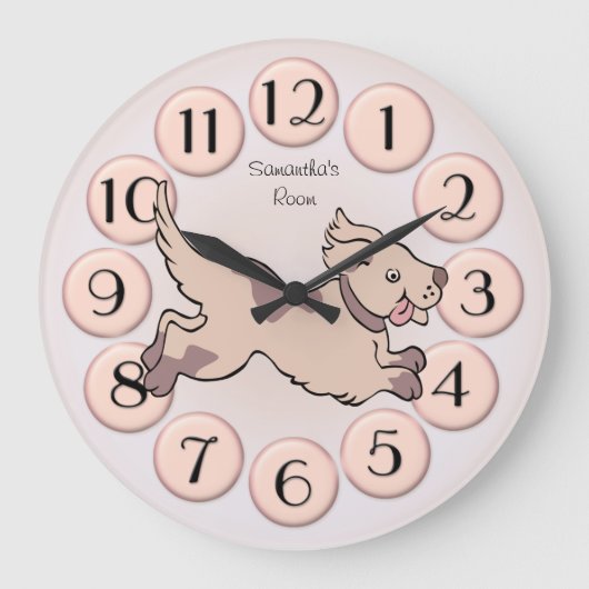 Cute Girly Blush Pink Dog Child Room Clock Grote Klok (Voorkant)