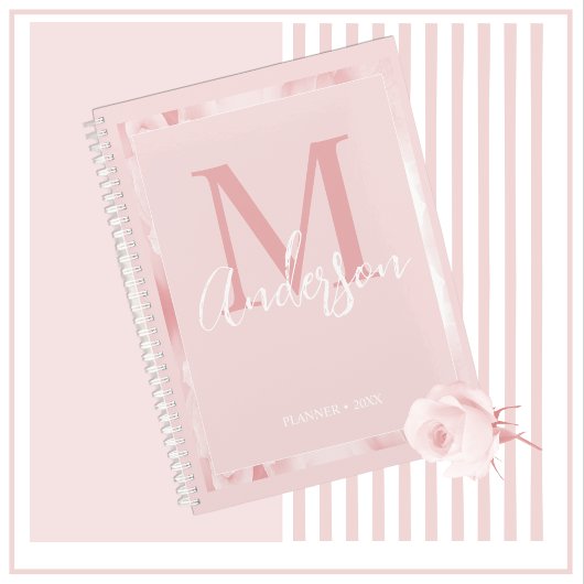 Cute Girly Blush Pink Floral Monogram Planner