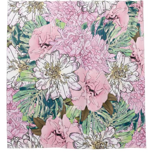 Cute Girly Blush Pink & White Floral Illustration Douchegordijn (Voorkant)