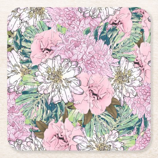 Cute Girly Blush Pink & White Floral Illustration Kartonnen Onderzetters (Voorkant)