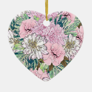 Cute Girly Blush Pink & White Floral Illustration Keramisch Ornament