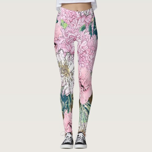 Cute Girly Blush Pink & White Floral Illustration Leggings (Voorkant)